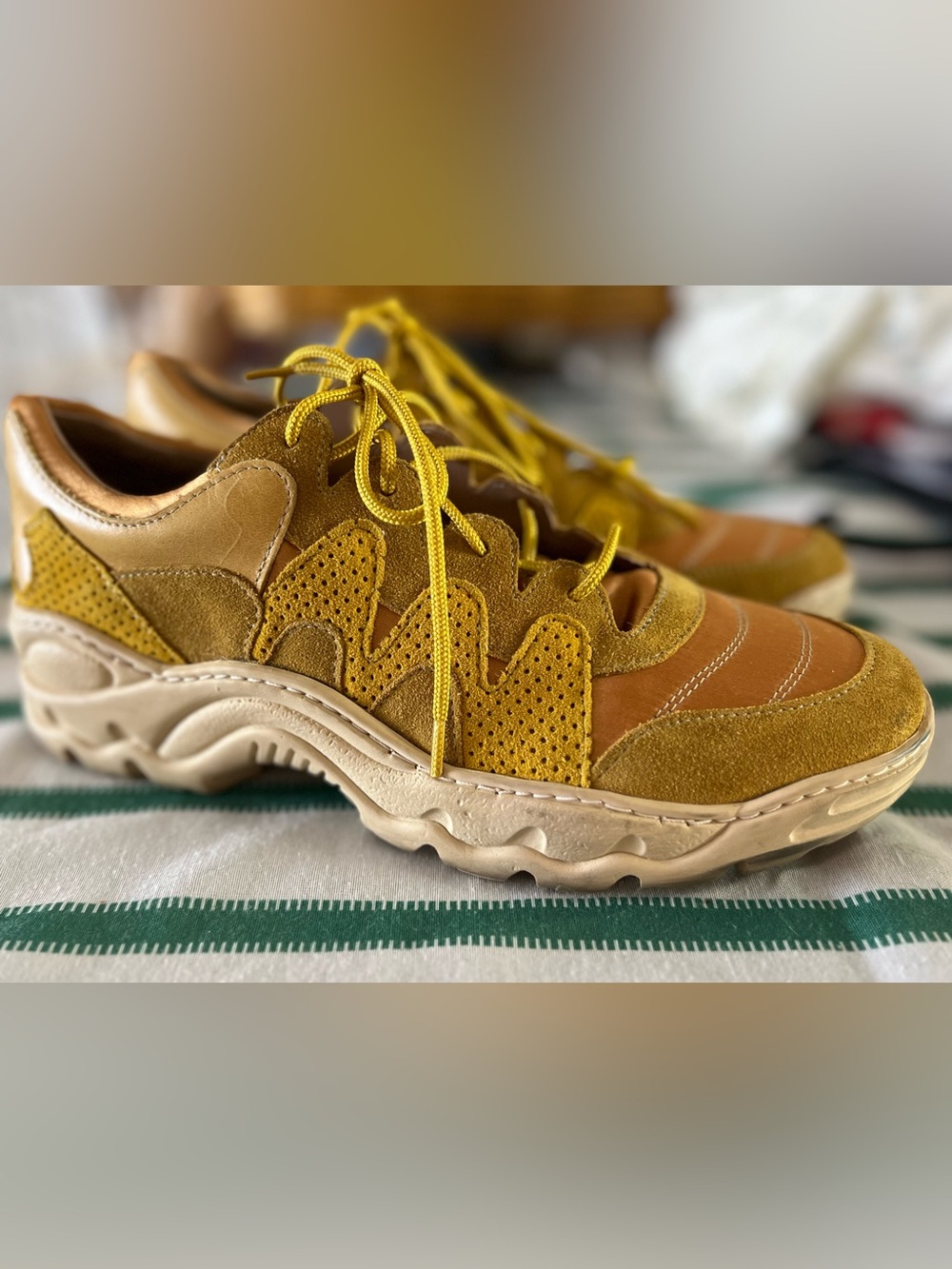 An hour and a shower Mustard Yellow Suede & Leather satin Chunky Sneaker Sz 39